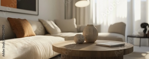 Stylish lamp near a beige sofa in a Nordic living room with a round wooden coffee table.