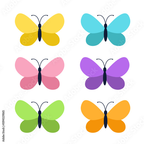 Butterfly icon set. Flying insect silhouette. Bright color red yellow yellow green blue violet wings. Cute cartoon kawaii funny character. Childish style. Flat design. White background Isolated Vector