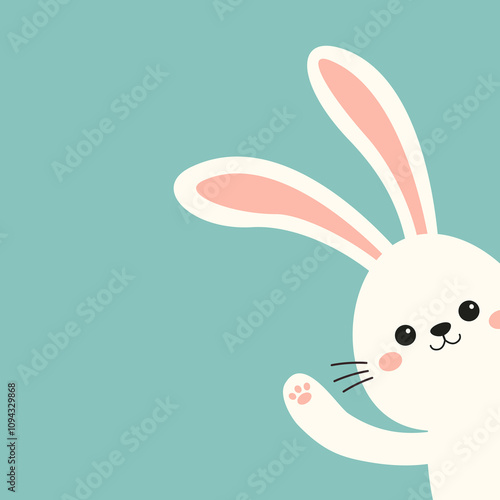 White peeking rabbit bunny head face from the corner. Waving hand paws. Happy Easter. Cute cartoon kawaii funny baby character. Farm animal. Childish style. Flat design. Blue background. Vector
