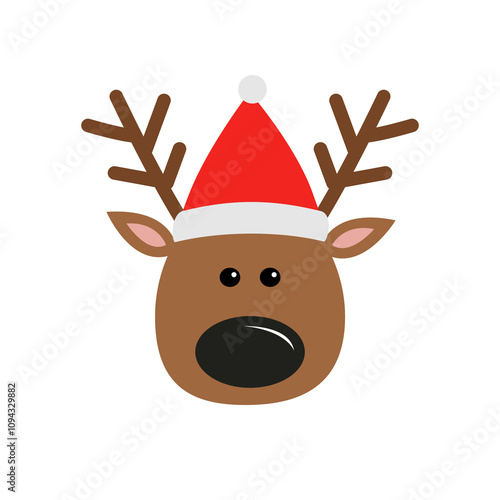 Reindeer deer head face icon. Red Santa Claus hat, nose, horns. Merry Christmas. Candy Cane. New Year. Cute cartoon kawaii character. Funny animal. Flat design. Hello winter. White background. Vector