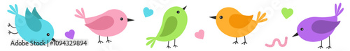 Cute bird heart icon set line. Different color birds collection. Kawaii cartoon funny baby character. Colorful sticker decoration print. Childish style. Flat design. White background. Isolated. Vector