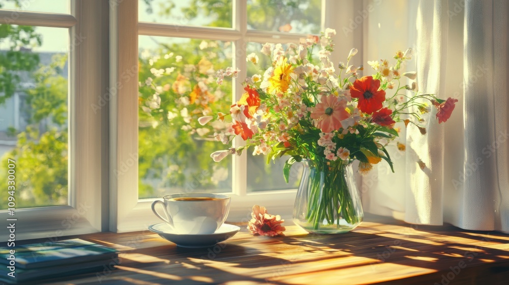 breakfast nook with coffee and a vase of fresh flowers, sunlit and refreshing morning scene breakfast nook with coffee and a vase of fresh flowers, sunlit and refreshing morning scene