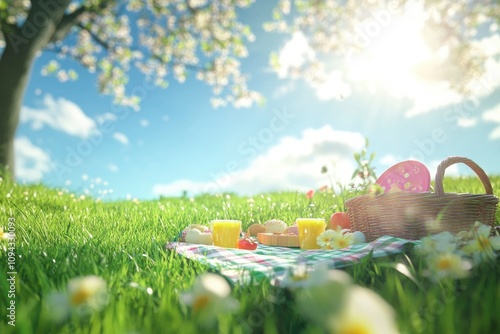 A serene picnic scene on a sunny day with food and a basket in a grassy field. photo