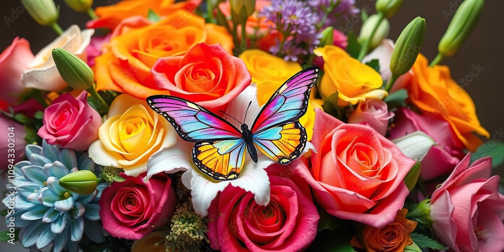 A colorful flower arrangement featuring a mix of roses and lilies with a watercolor butterfly amidst the stems, home decor, lilies A colorful flower arrangement featuring a mix of roses and lilies with a watercolor butterfly amidst the stems, home decor, lilies