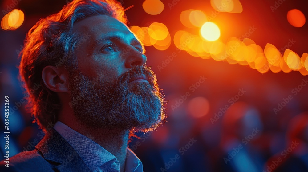 Intense gaze of a man with a beard in a vibrant lighting atmosphere during an evening event Intense gaze of a man with a beard in a vibrant lighting atmosphere during an evening event