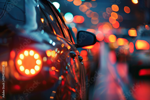 Background screensaver of blurry headlights of cars in the city photo