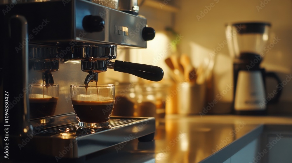espresso machine brewing coffee in a minimalist kitchen, fresh start to the day, sleek and modern espresso machine brewing coffee in a minimalist kitchen, fresh start to the day, sleek and modern