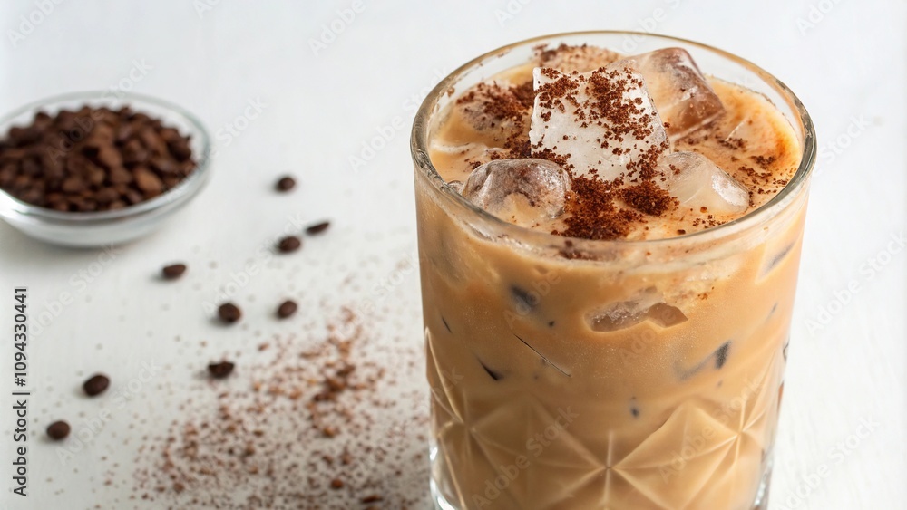 Icy glass filled with an iced latte and garnished with a sprinkle of chocolate powder, chocolate topping, rich flavors, aromatic spices Icy glass filled with an iced latte and garnished with a sprinkle of chocolate powder, chocolate topping, rich flavors, aromatic spices