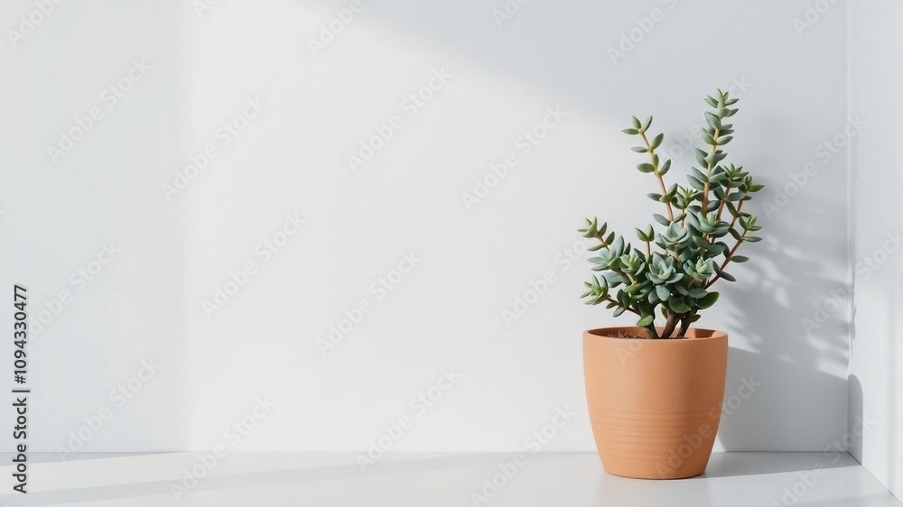 Soft gray wall features a medium-sized potted succulent, indoor gardening, earthy tones Soft gray wall features a medium-sized potted succulent, indoor gardening, earthy tones