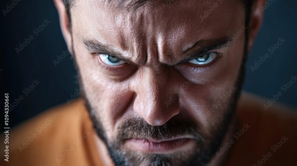 Fototapeta premium Man with a fierce expression, showing courage and determination