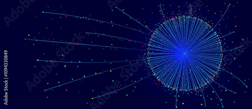Blue abstract background with lines and sphere. Big data or cloud computing, data center analytics visualization.