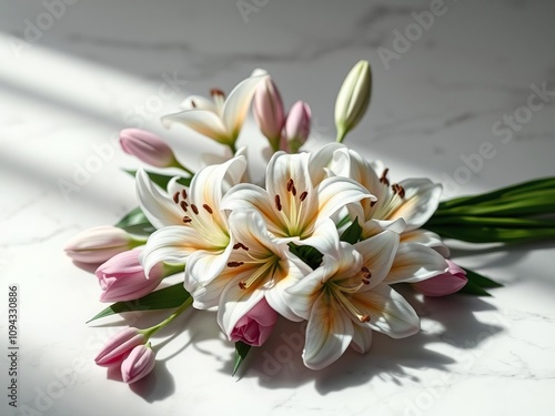 A delicate cluster of lily flowers arranged artfully on a white marble surface with soft focus and subtle shadows, elegance, soft focus, texture