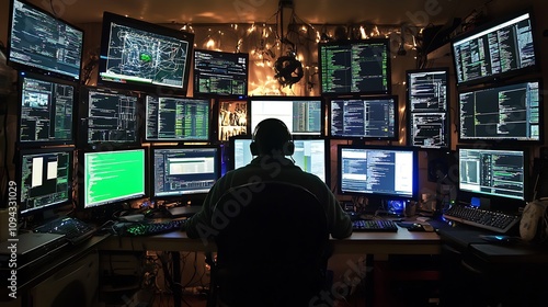 A Hacker's Paradise: Working Late at a Multi-Monitor Workstation. AI Generated