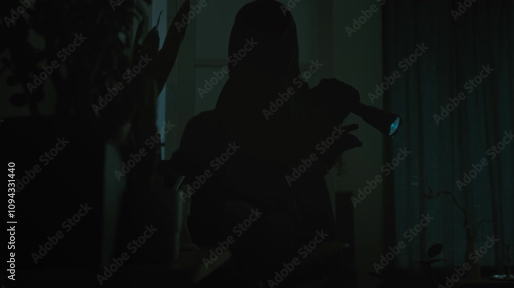 Two male criminals in total black with flashlight and metal crowbar entering apartment and glancing around Two male criminals in total black with flashlight and metal crowbar entering apartment and glancing around