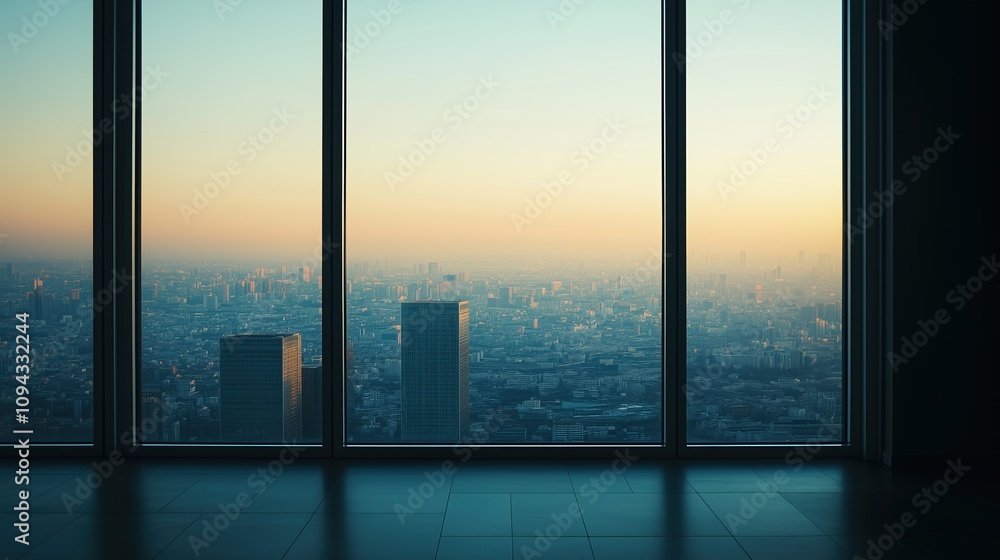 Fototapeta premium Interior view of an empty room in a skyscraper, showcasing the cityscape during the day. The skyline view from a high-rise window offers a gorgeous property with a stunning view.