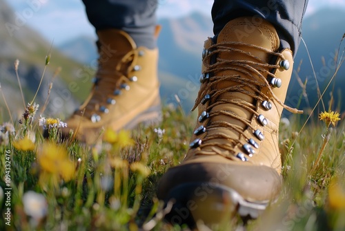 2410_030.macro focus on boot eyelets and laces, dew-covered blades of grass, tiny alpine flowers, blurred legs in hiking pants, dramatic mountain peaks, gradual color shift in distant ranges, shared photo