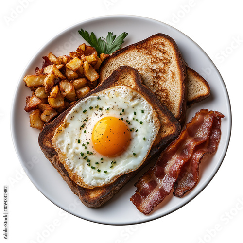 traditional breakfast meal plate with fried eggs, bacon, toast, and a side of hash browns isolated on a transparent background