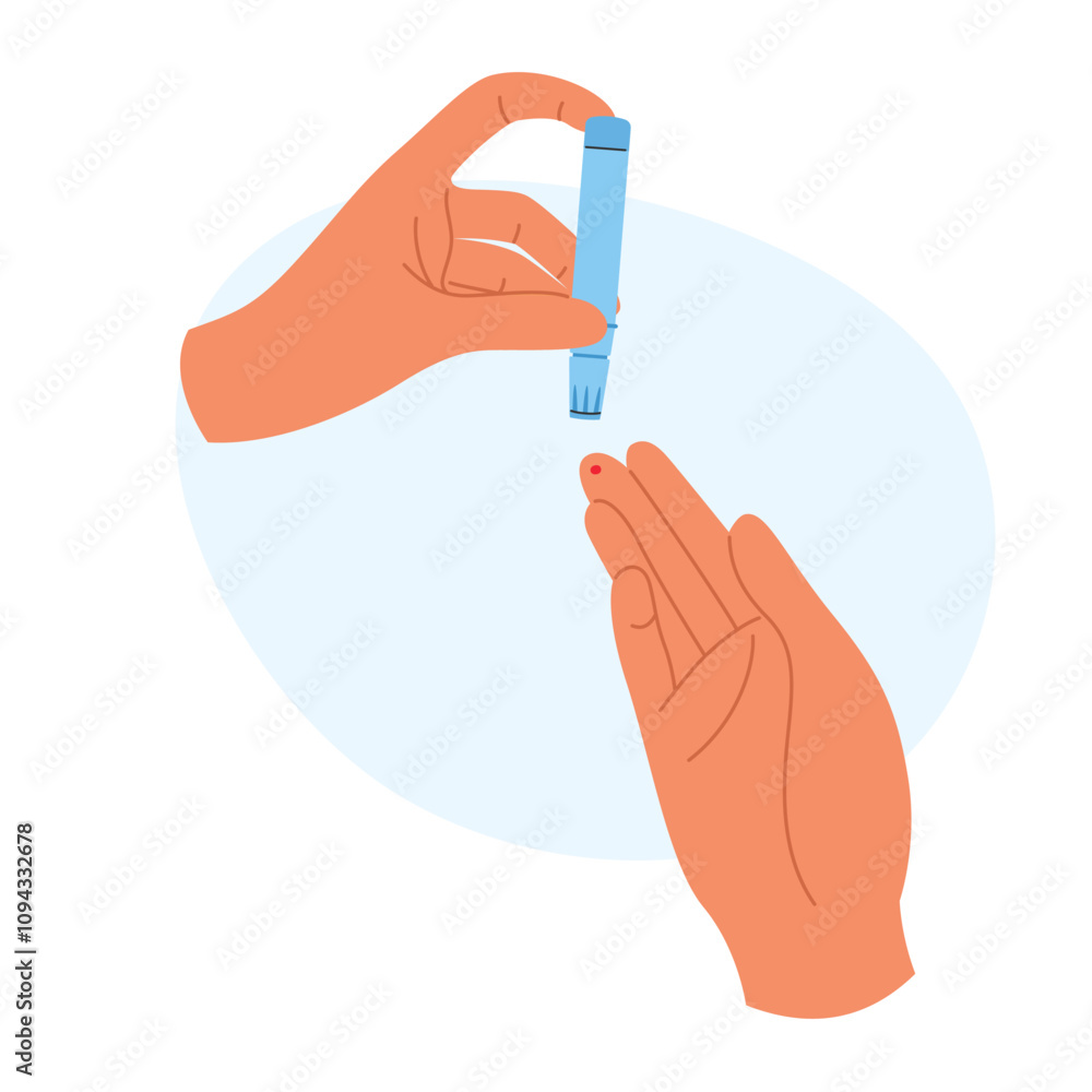 Fototapeta premium Hand pricking finger for blood test using a lancet. Personal health diagnostics