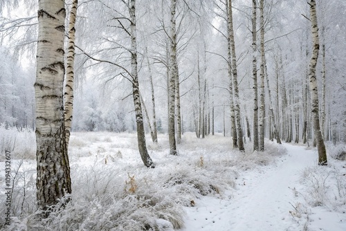 A forest floor blanketed with snow and frost creates an idyllic scene beneath the snow-covered birch trees, monochrome photography, birch forest, black and white photo