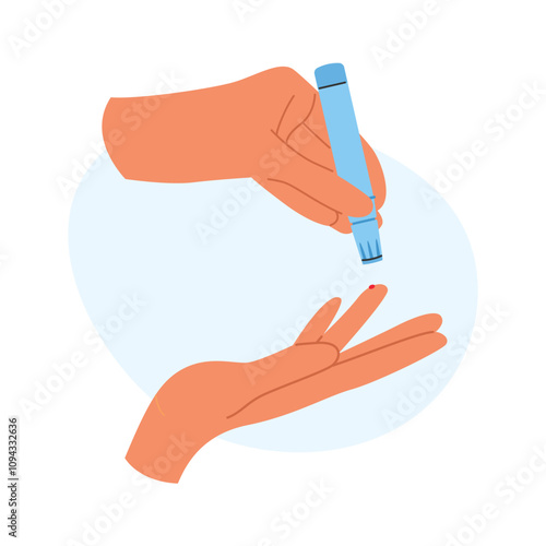 Blood sample collection by fingerstick. Diabetes awareness or self monitoring