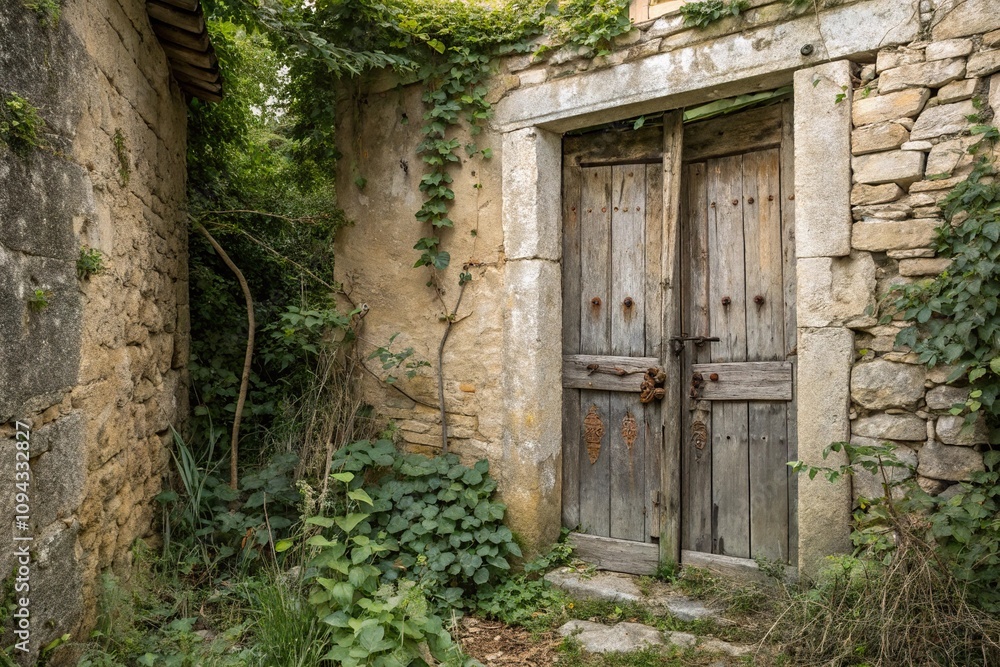 A forgotten wooden door with weathered panels and rusty hinges set against a faded backdrop of worn stone walls and overgrown greenery, rusty hinges, stone walls A forgotten wooden door with weathered panels and rusty hinges set against a faded backdrop of worn stone walls and overgrown greenery, rusty hinges, stone walls