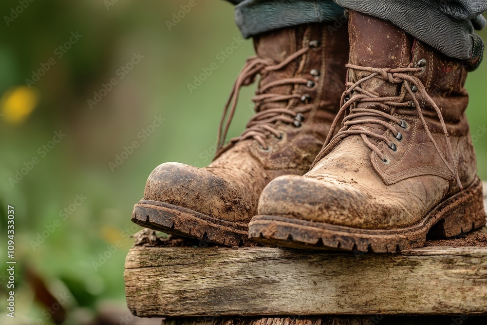 2410_049.extreme close-up of rugged boots post-hike, visible wear and tear, dusty exterior, positioned on rough-hewn timber seat, out-of-focus greenery 2410_049.extreme close-up of rugged boots post-hike, visible wear and tear, dusty exterior, positioned on rough-hewn timber seat, out-of-focus greenery