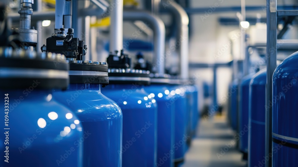 Fototapeta premium Industrial Blue Cylindrical Tanks in a Factory Setting