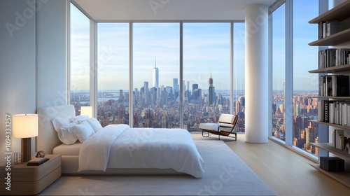 Modern minimalist style bedroom, spacious modern bedroom with large windows offering a cityscape view, featuring a king-sized bed with simple white bedding
