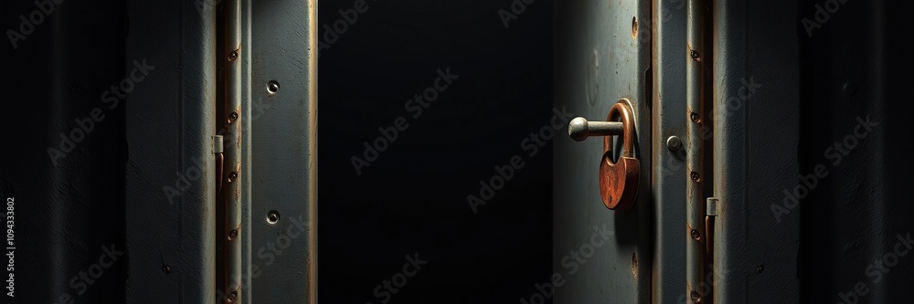 A grey metal door with a rusty red padlock attached to it partially open revealing a dimly lit interior, worn, machinery room A grey metal door with a rusty red padlock attached to it partially open revealing a dimly lit interior, worn, machinery room