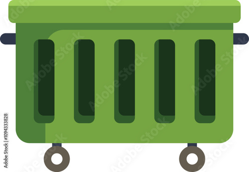 Large green trash container with wheels standing open for loading, waste management and city cleaning service equipment