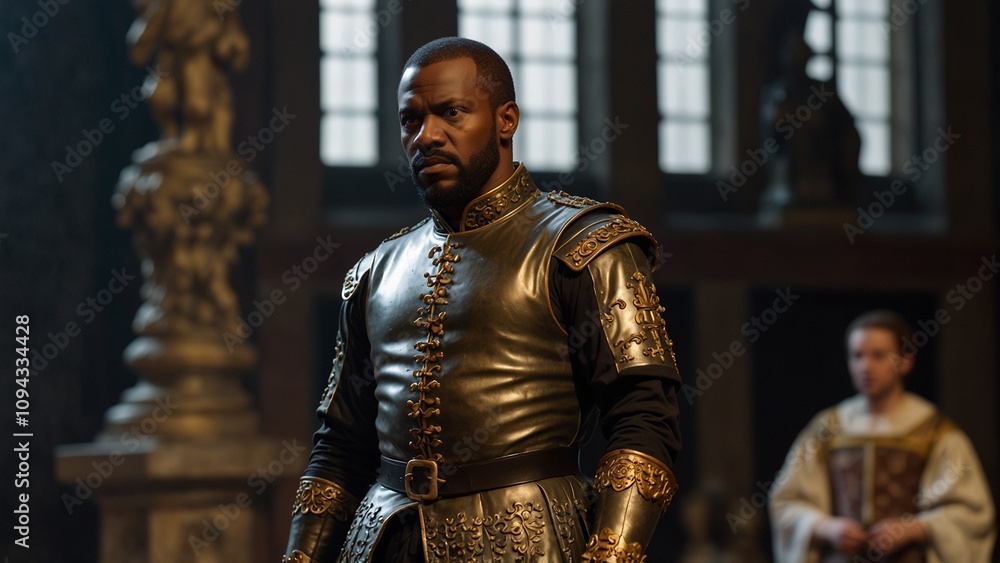 A statue of Othello, Shakespeare’s character, wearing Venetian-era attire, holding a dagger, with the backdrop of revenge and jealousy in the play A statue of Othello, Shakespeare’s character, wearing Venetian-era attire, holding a dagger, with the backdrop of revenge and jealousy in the play