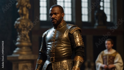 A statue of Othello, Shakespeare’s character, wearing Venetian-era attire, holding a dagger, with the backdrop of revenge and jealousy in the play
