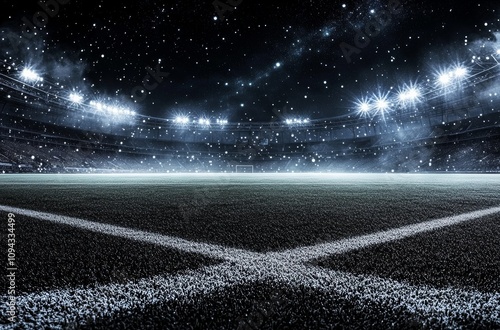 Modern Empty Stadium Night Soccer Field Bright Lights Starry Sky photo