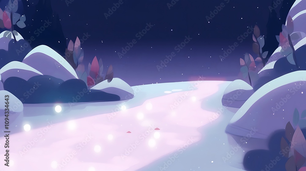 Serene Winter River Scene Nighttime Snowy Landscape Serene Winter River Scene Nighttime Snowy Landscape