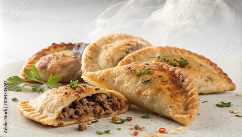 Pan-cooked chebureks with flavorful meat and spices, flavorful meat, comfort food, spicy flavors photo