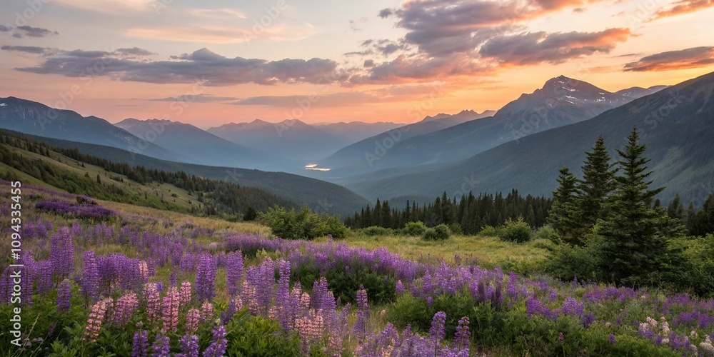 Peaceful sunset over a valley filled with purple flowers and surrounded by towering mountains, country side, valley, sunset, natural beauty Peaceful sunset over a valley filled with purple flowers and surrounded by towering mountains, country side, valley, sunset, natural beauty