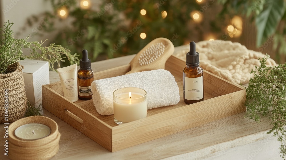 A serene spa setup featuring oils, a candle, towel, and natural elements for relaxation.