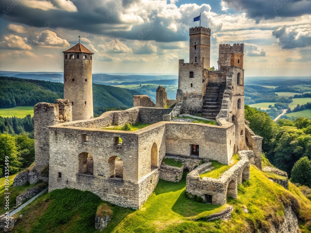 Dolny Istebna's castle ruins: a minimalist silhouette against the Polish landscape. Dolny Istebna's castle ruins: a minimalist silhouette against the Polish landscape.