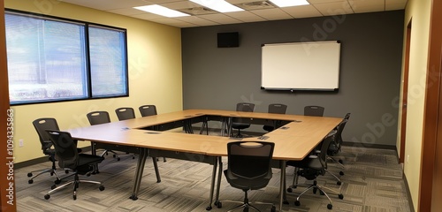 Modern small meeting or training room, bright and welcoming office space.