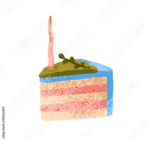 Birthday cake, cut piece. Sweet layered dessert slice with fondant frosting, festive candle, sponge and cream. Gender party confectionery, bakery. Flat vector illustration isolated on white background