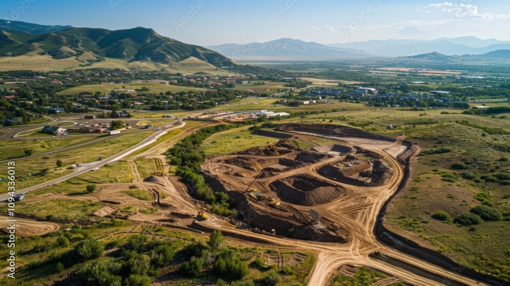 As the drone flies higher it captures stunning vistas of the surrounding landscape framing the construction site in its midst. As the drone flies higher it captures stunning vistas of the surrounding landscape framing the construction site in its midst.