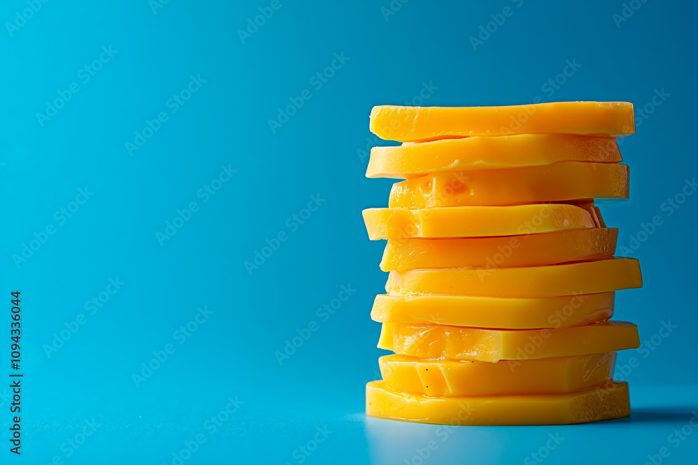 A stack of sliced cheese on a blue background A stack of sliced cheese on a blue background
