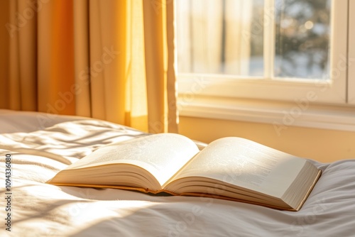 A close-up of an open book, its pages slightly curling, illuminated by soft sunlight streaming through a nearby window