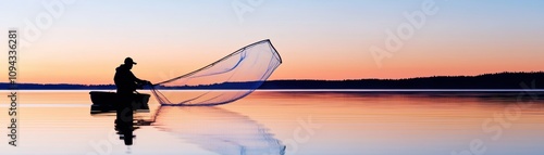 A fisherman casting a net at sunrise, with the net frozen mid-air and the water reflecting the vibrant hues of dawn photo