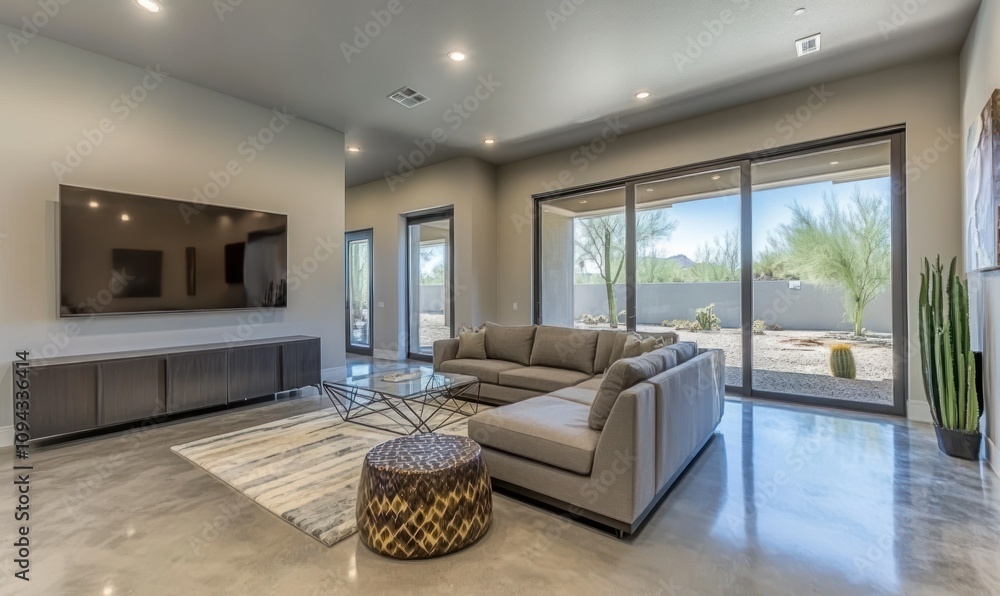 Modern living room with a sleek design, large TV, and view of the outdoor landscape. Modern living room with a sleek design, large TV, and view of the outdoor landscape.