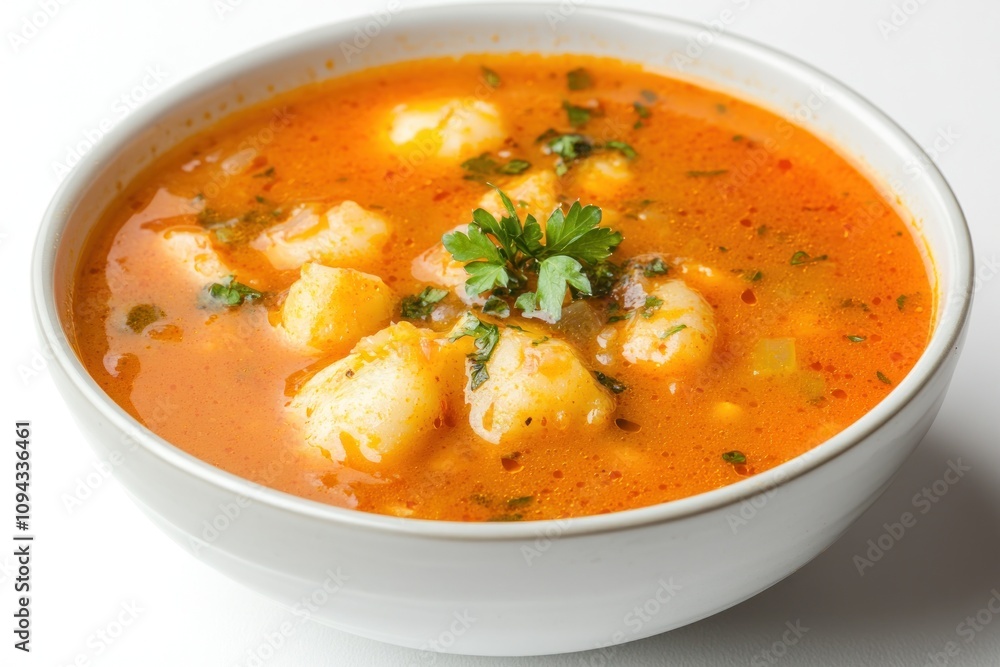 A bowl of flavorful soup with dumplings, garnished with herbs. A bowl of flavorful soup with dumplings, garnished with herbs.