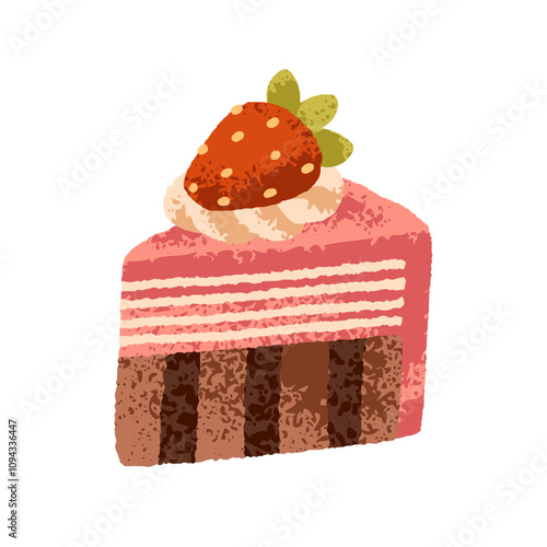Cake slice, cut piece of layered dessert with berry and chocolate sponges. St...
