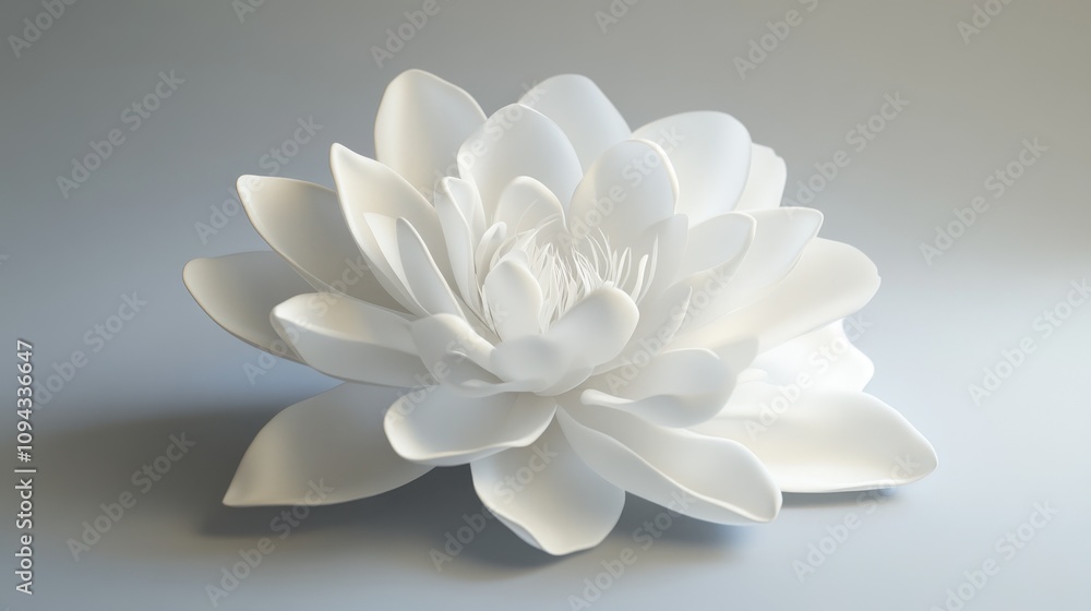 A realistic 3D white flower with deep, cascading petals, creating a sense of depth and proportion A realistic 3D white flower with deep, cascading petals, creating a sense of depth and proportion