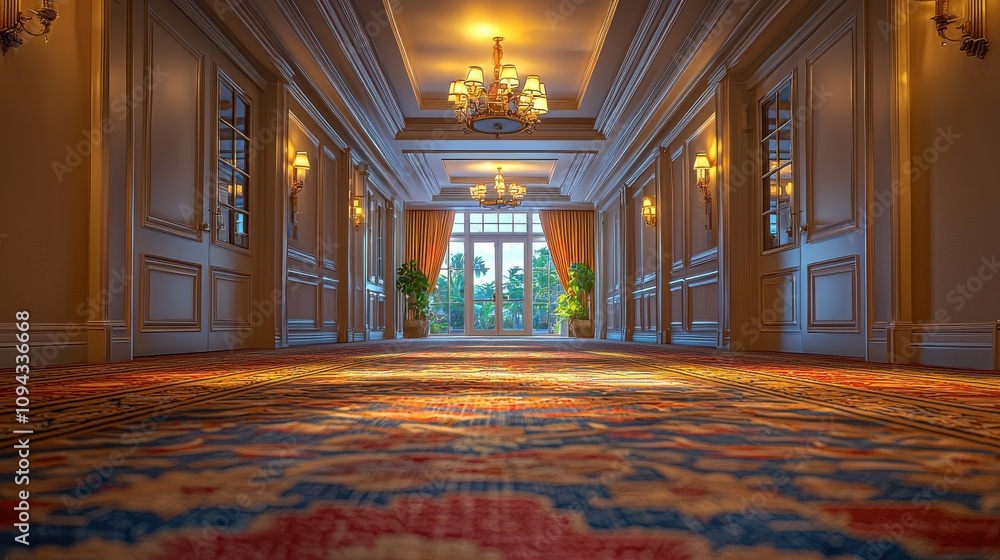 Obraz premium Elegant hallway with ornate decor and natural light overlooking lush greenery in a luxurious setting