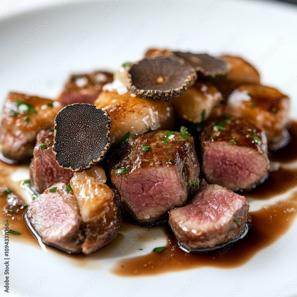 Gourmet Meat Dish with Truffles on White Plate Gourmet Meat Dish with Truffles on White Plate